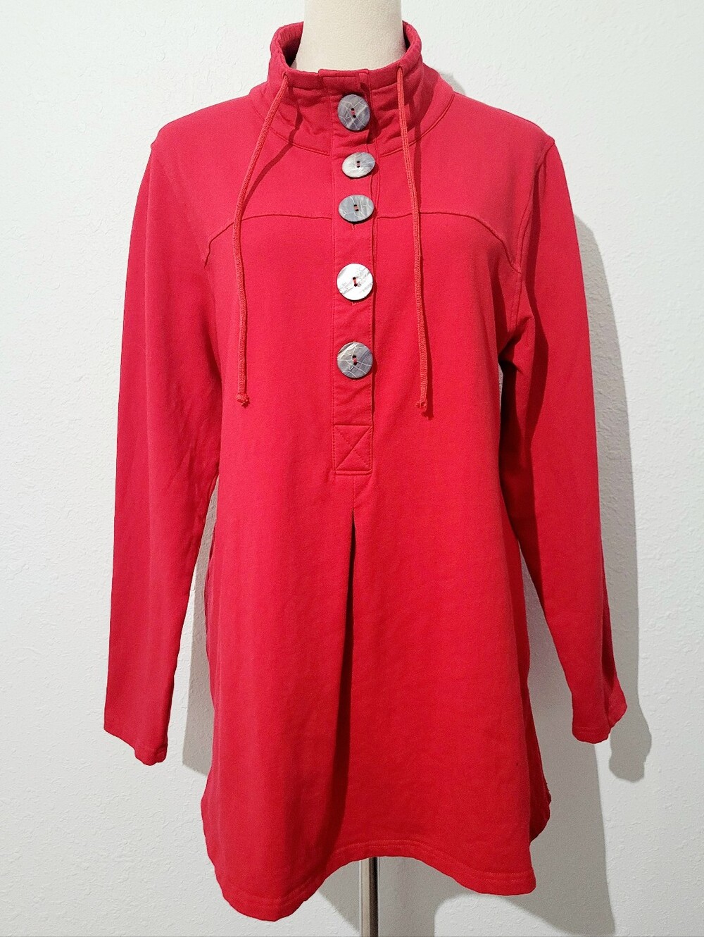 Lulu-B Red Tunic Top Size Medium Button Neck Long Sleeve Stretch Cotton Pullover - Picture 2 of 12